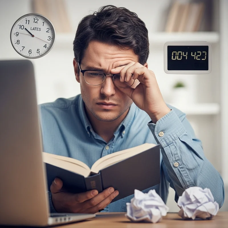 Mężczyzna w okularach, zmęczony, czyta książkę, z zegarem i minutnikiem w tle, sugerując zmęczenie oczu związane z astygmatyzmem.