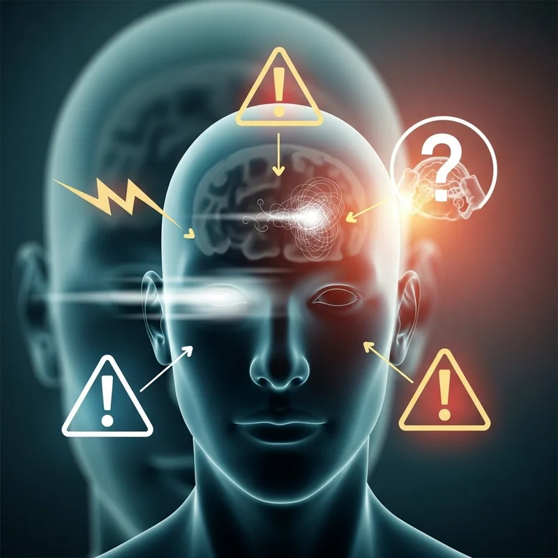 Ilustracja przedstawiająca ludzką głowę z zaznaczonym mózgiem i symbolami ostrzegawczymi, sugerująca problemy neurologiczne i zdrowotne.