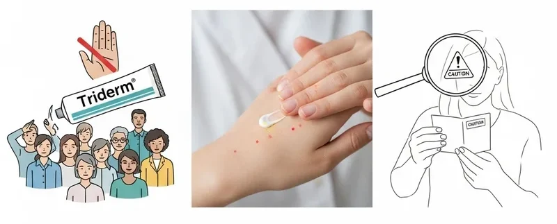 Ilustracja ostrzega przed stosowaniem Tridermu. Widoczne dłonie z czerwonymi kropkami i kobieta studiująca ulotkę, używając lupy.