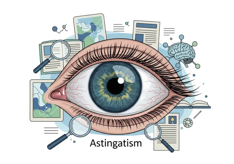 Ilustracja oka, mózgu i artykułów naukowych z napisem "Astygmatyzm".