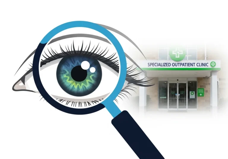 Stylizowana grafika oka powiększonego lupą na tle wejścia do placówki medycznej z napisem "SPECIALIZED OUTPATIENT CLINIC".