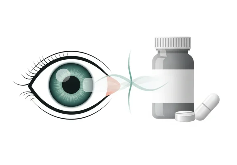 Grafika przedstawiająca oko, z którego wychodzą zielone fale do butelki z lekami i dwóch tabletek.