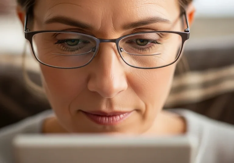 Kobieta w okularach progresywnych czyta, skupiona na tablecie.