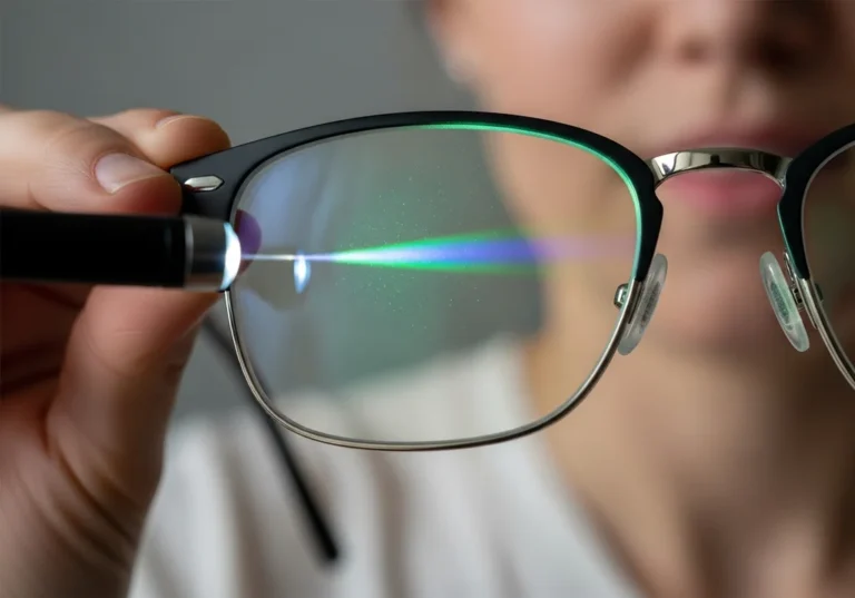 Test antyrefleksu: promień światła odbija się od soczewki okularów, ukazując zielono-niebieską poświatę.