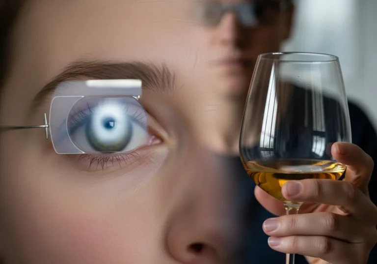 Oko po badaniu okulistycznym z soczewką i kieliszek z alkoholem.