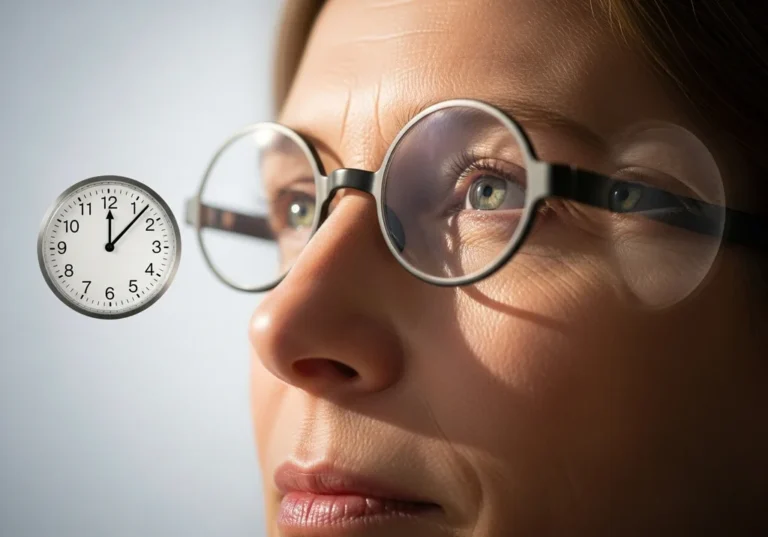 Zbliżenie na twarz kobiety w okularach i tarczę zegarka pokazującą godzinę 12:08.