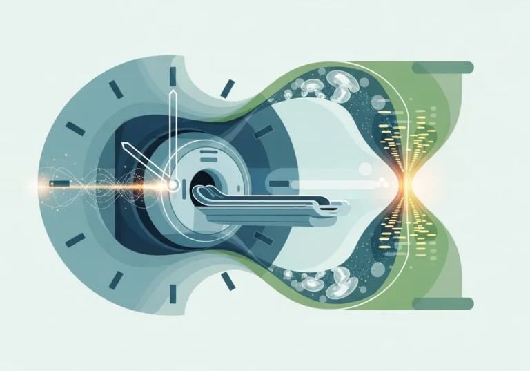 Stylizowana klepsydra symbolizująca czas badania PET, zegar i maszyna diagnostyczna.