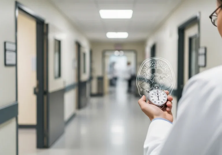 Lekarz trzyma stoper z symbolem mózgu na tle szpitalnego korytarza.