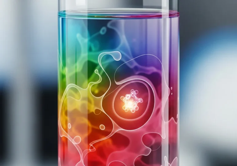 Kolorowy płyn w probówce z molekułą w środku.