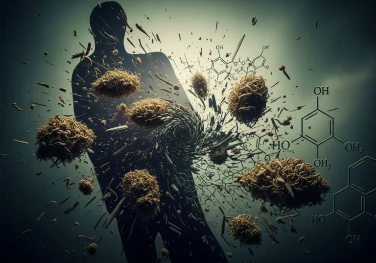 Sylwetka człowieka rozpada się na wirujące cząstki, przypominające substancje psychoaktywne.