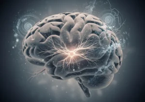 Grafika mózgu z podświetlonymi neuronami i wirującymi spiralnymi impulsami.