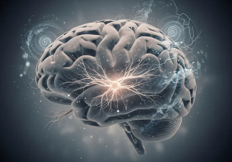 Grafika mózgu z podświetlonymi neuronami i wirującymi spiralnymi impulsami.