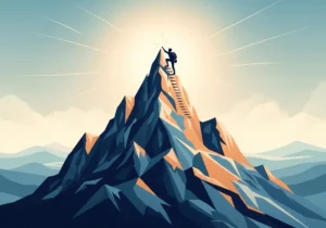 Człowiek wspina się po drabinie na szczyt góry, symbolizując pokonywanie trudności.
