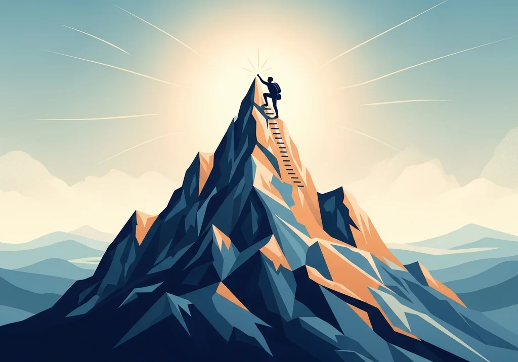 Człowiek wspina się po drabinie na szczyt góry, symbolizując pokonywanie trudności.
