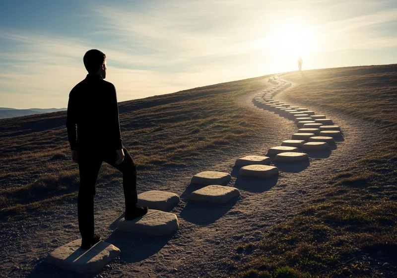 Mężczyzna wpatruje się w kamienną ścieżkę wiodącą ku wschodzącemu słońcu.