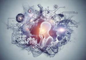 Abstrakcyjna grafika przedstawiająca sylwetkę ludzką i symbole sieci neuronowych.