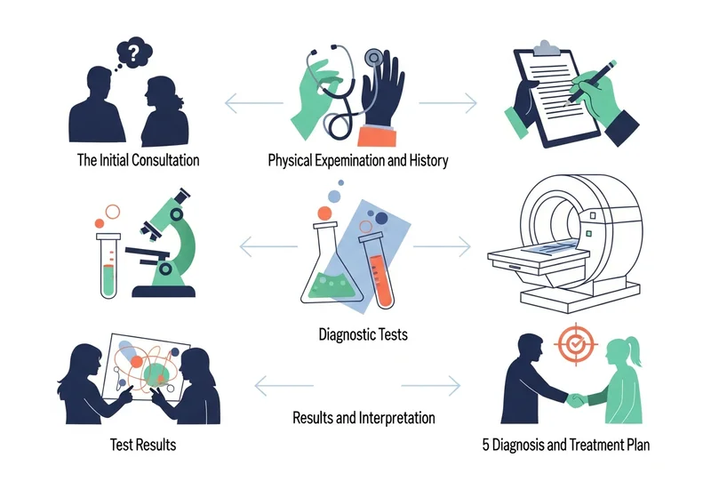 Schemat procesu diagnozy choroby psychicznej: konsultacja, badanie, testy, wyniki, diagnoza i plan leczenia.