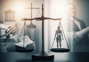 Waga sprawiedliwości z dokumentami i cyfrową postacią symbolizującą pracownika.