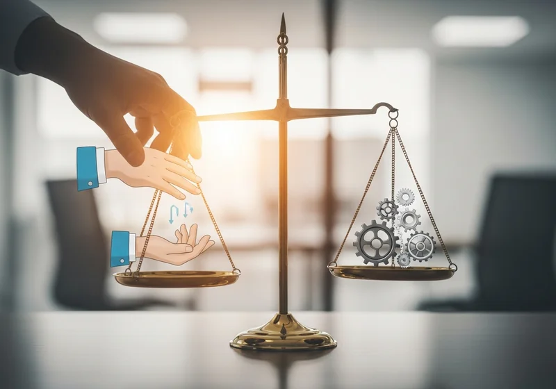 Waga z dłońmi po jednej stronie i trybikami po drugiej, symbolizująca równowagę między wsparciem a procedurami.