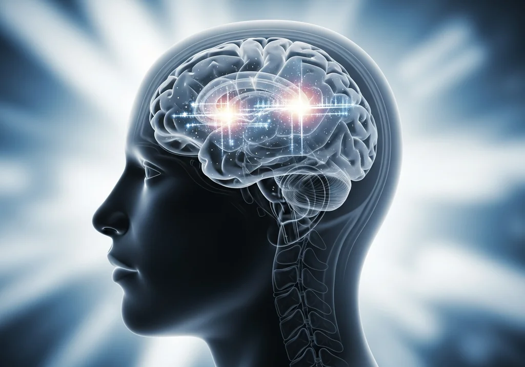 Ilustracja mózgu w profilu ludzkiej głowy z błyskami światła symbolizującymi aktywność neuronalną.