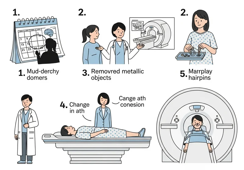 Ilustracja kroków przygotowania do rezonansu magnetycznego głowy, od kalendarza po badanie.