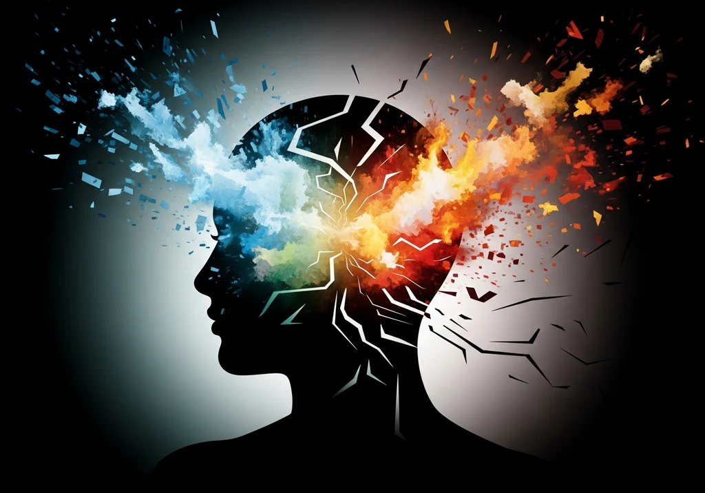 Sylwetka głowy rozpadająca się w wirze eksplodujących kolorów i kształtów.