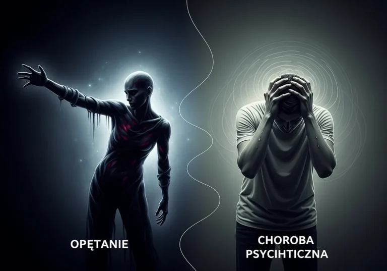 Dwie postaci: jedna mroczna, "opętana", druga pogrążona w bólu, "choroba psychiczna".