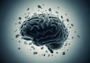 Mroczny mózg otoczony unoszącymi się komórkami, symbolizujący wpływ pasożytów na zdrowie psychiczne.