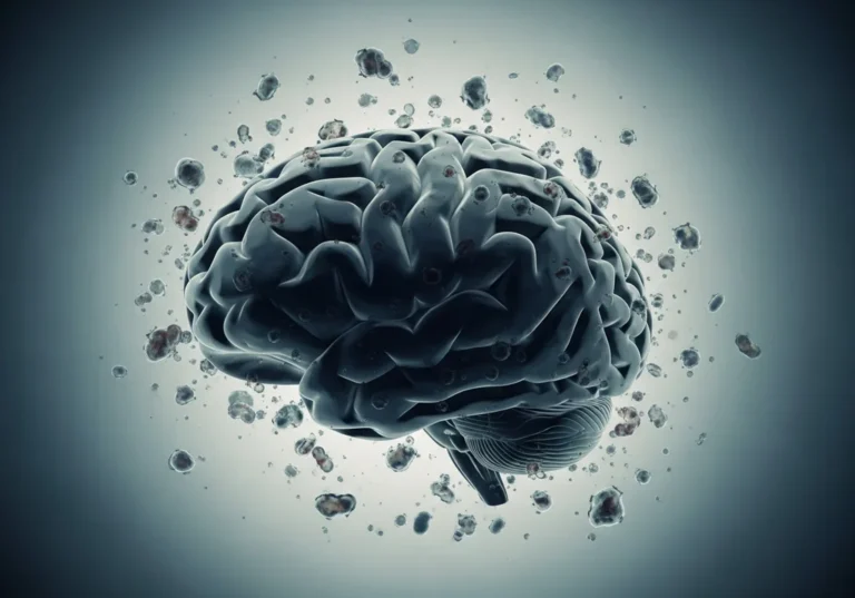 Mroczny mózg otoczony unoszącymi się komórkami, symbolizujący wpływ pasożytów na zdrowie psychiczne.