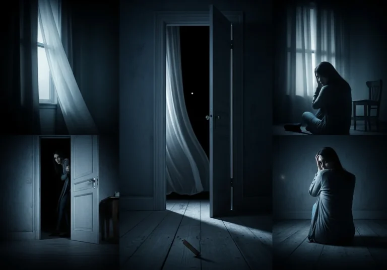 Mroczny pokój z otwartymi drzwiami, kobieta chowa się w korytarzu, druga skulona przy oknie.
