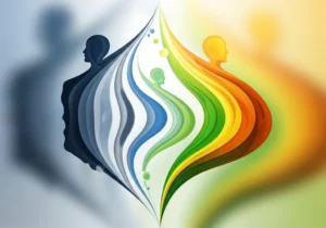 Abstrakcja przedstawiająca transformację ludzkiej sylwetki od ciemności do jasności.