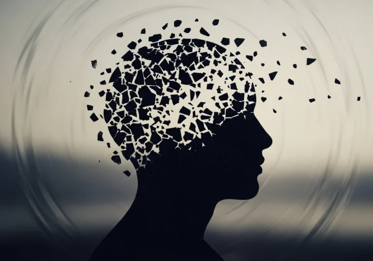 Sylwetka głowy rozpadająca się na kawałki, symbolizująca rozpad osobowości.