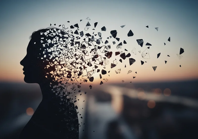 Sylwetka twarzy rozpadająca się na fragmenty na tle zachodzącego słońca.