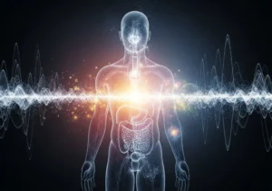Grafika przedstawia postać ludzką z widocznymi organami wewnętrznymi, otoczoną falami energii.