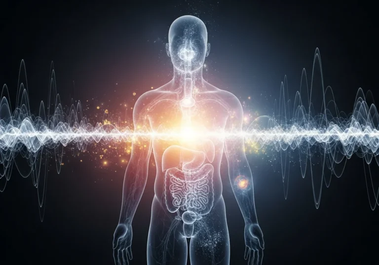 Grafika przedstawia postać ludzką z widocznymi organami wewnętrznymi, otoczoną falami energii.