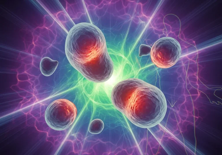 Abstrakcyjna wizualizacja wpływu promieniowania gamma na komórki i ludzkie ciało.