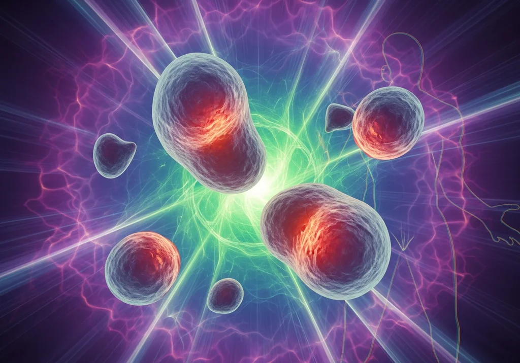 Abstrakcyjna wizualizacja wpływu promieniowania gamma na komórki i ludzkie ciało.