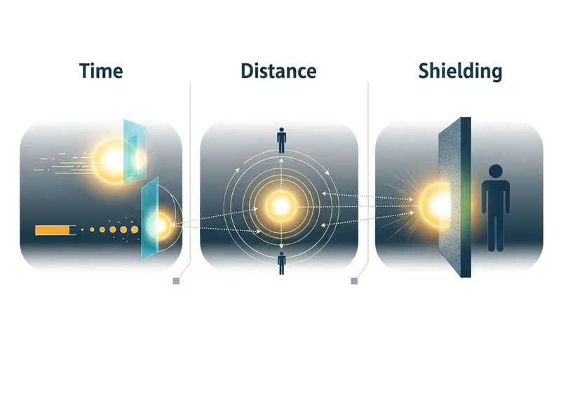 Ilustracja przedstawia trzy metody ochrony przed promieniowaniem: czas, odległość i osłona.