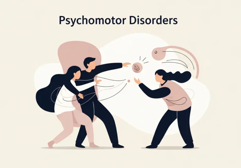 Grafika przedstawia ludzi z zaburzeniami psychomotorycznymi, zmagających się z utratą kontroli nad ruchem.