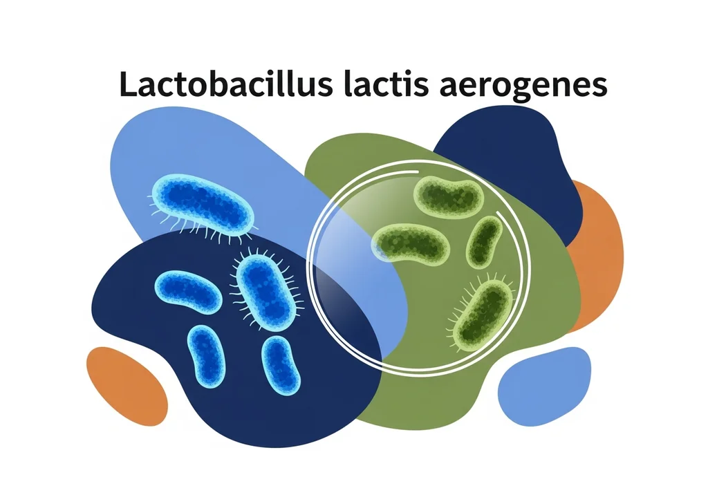 Ilustracja bakterii Lactobacillus lactis aerogenes, z tekstem i schematycznymi formami.