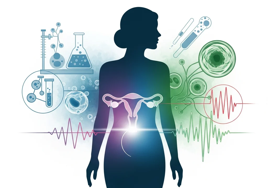Ilustracja medyczna: sylwetka kobiety, układ rozrodczy, probówki, komórki i fale EKG.