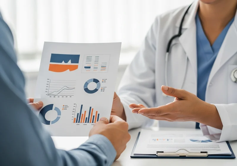 Lekarz omawia wyniki badań medycznych na wykresach z pacjentem.