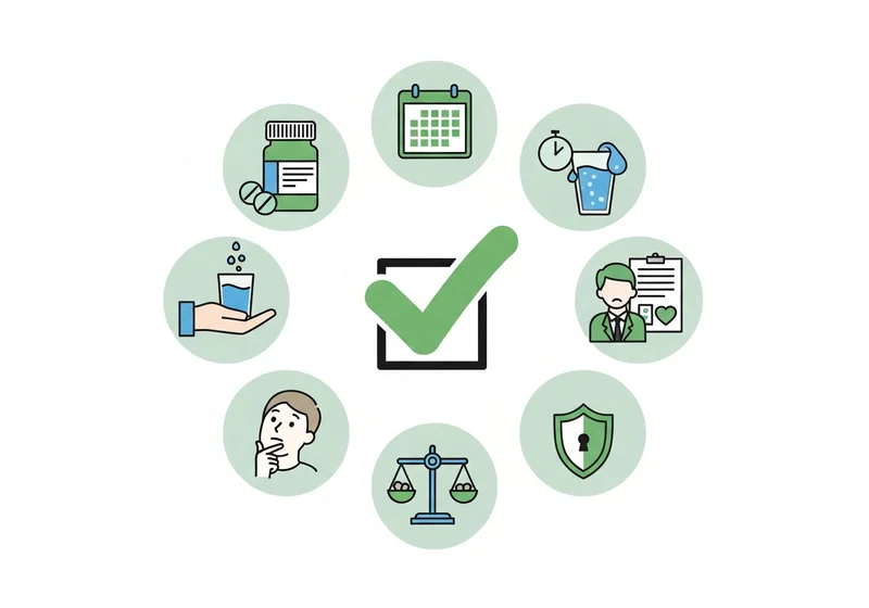 Checklista zasad bezpiecznego stosowania leku Cholestil: tabletki, woda, terminy, lekarz, bezpieczeństwo, waga, wątpliwości.