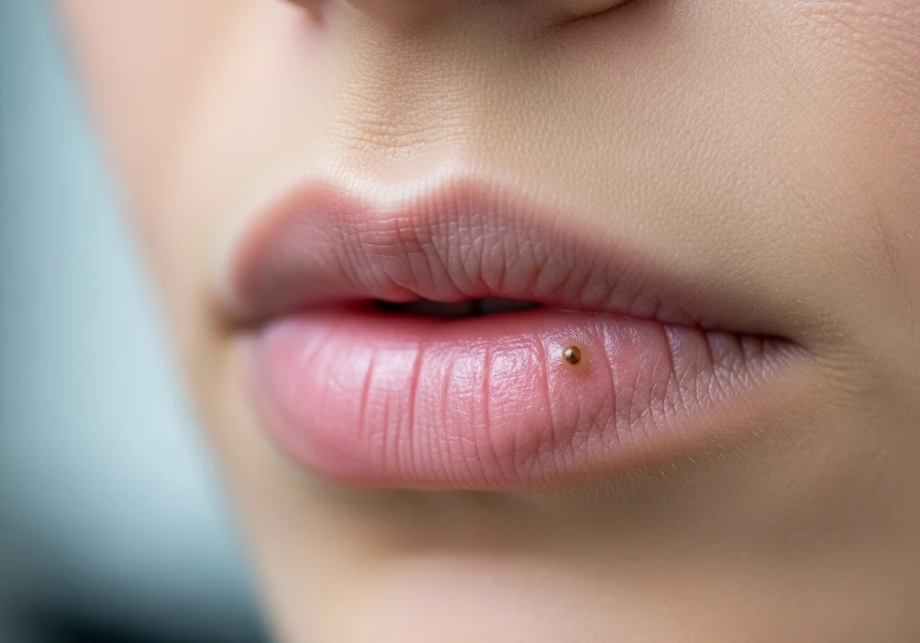 Zbliżenie na usta z niewielkim, złocistym piercingiem na dolnej wardze.