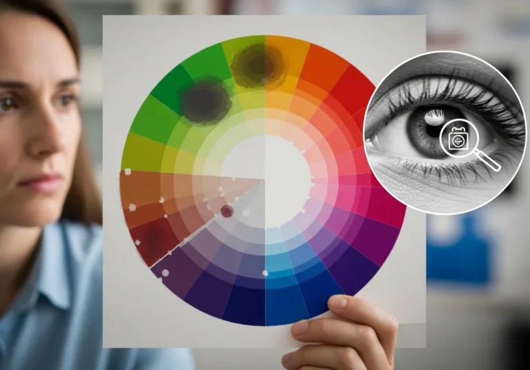 Kobieta trzyma koło barw. Na kole zaznaczono ciemne plamy.