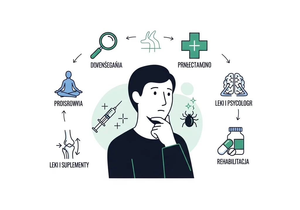 Schemat przedstawia ścieżki leczenia boreliozy: diagnostykę, profilaktykę, farmakologię i rehabilitację.
