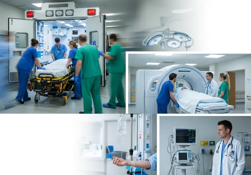 Zespół medyczny transportuje pacjenta na noszach do karetki, podczas gdy lekarze wykonują badania.