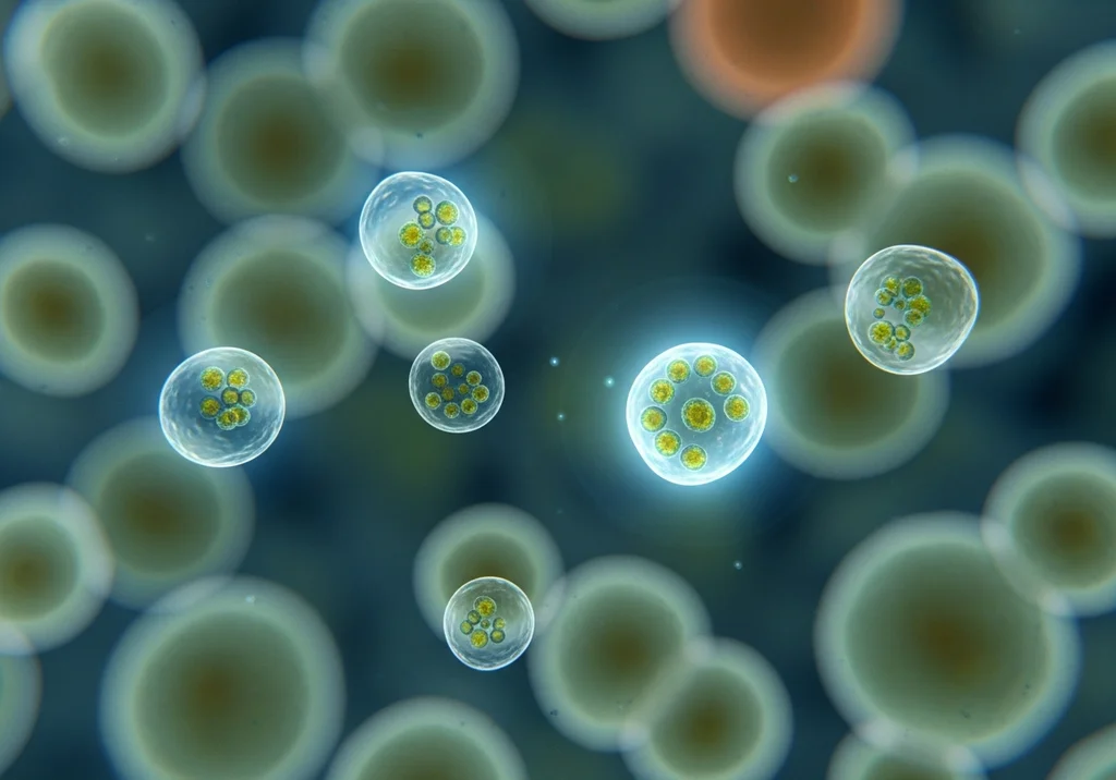 Mikroskopowy widok komórek Endolimax nana w strukturze przypominającej kolonię.