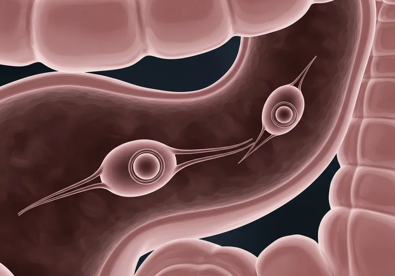 Ilustracja przedstawia cysty pierwotniaka Endolimax nana w jelicie grubym.