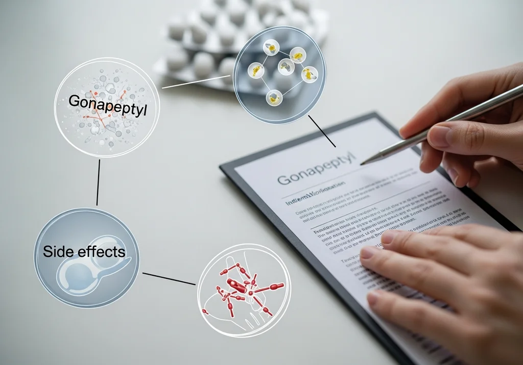 Diagram przedstawia lek Gonapeptyl, jego cząsteczki, skutki uboczne i opis w ulotce.